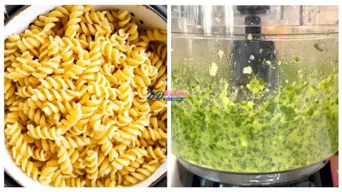 Drain the Pasta & Make the Creamy Pesto Sauce