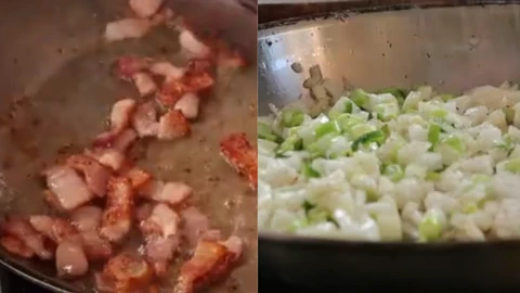 Reserve the bacon and fat & Sauté the aromatics